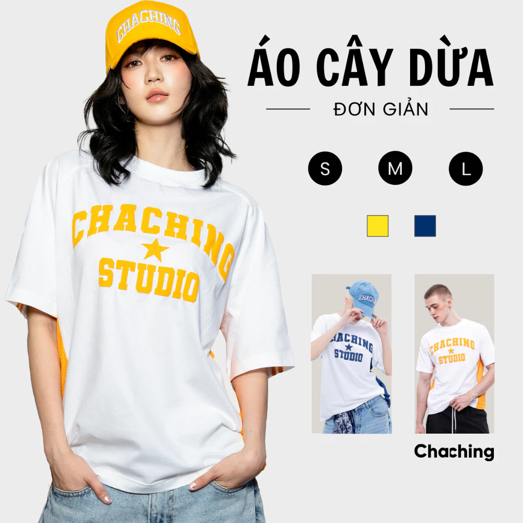 Áo Thun Unisex In Hoạ Tiết Cây Dừa Thêu Nổi Logo ChaChing, Áo Phông Nam Nữ Form Oversize Chât Thun Cotton Mềm Mại