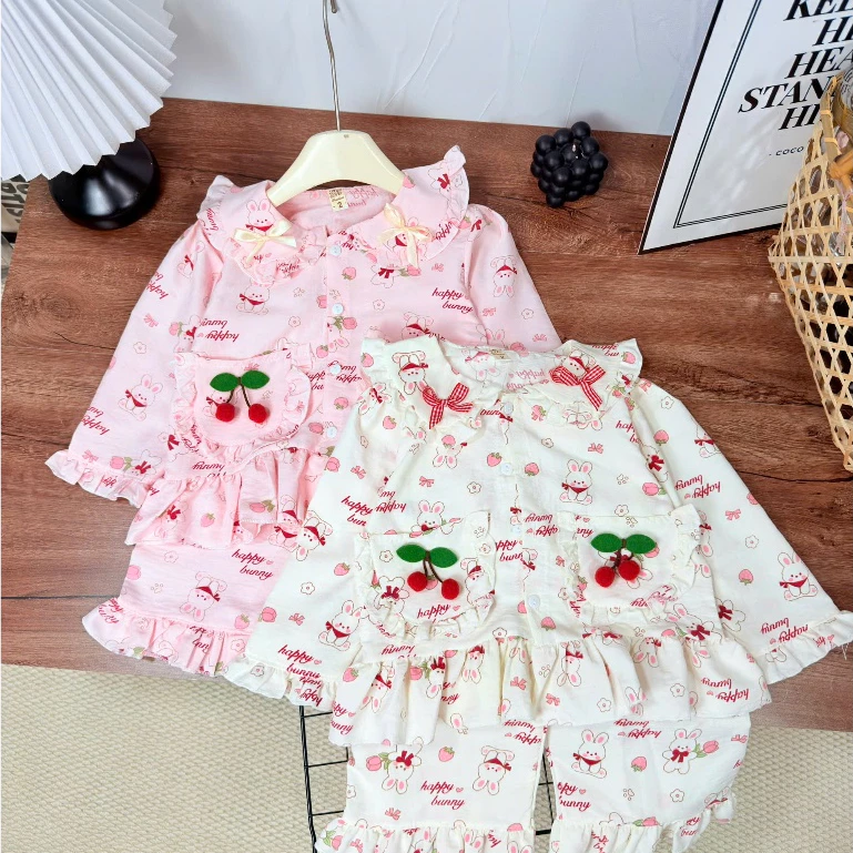 (MỞ BÁN-XưởngMayHK) Set Bộ Đũi Dài Tay Mặc Nhà Bé Gái Cổ Sen Cherry (10-34kg) - Quần Áo Ngủ Họa Tiết Hoạt Hình Dễ Thương