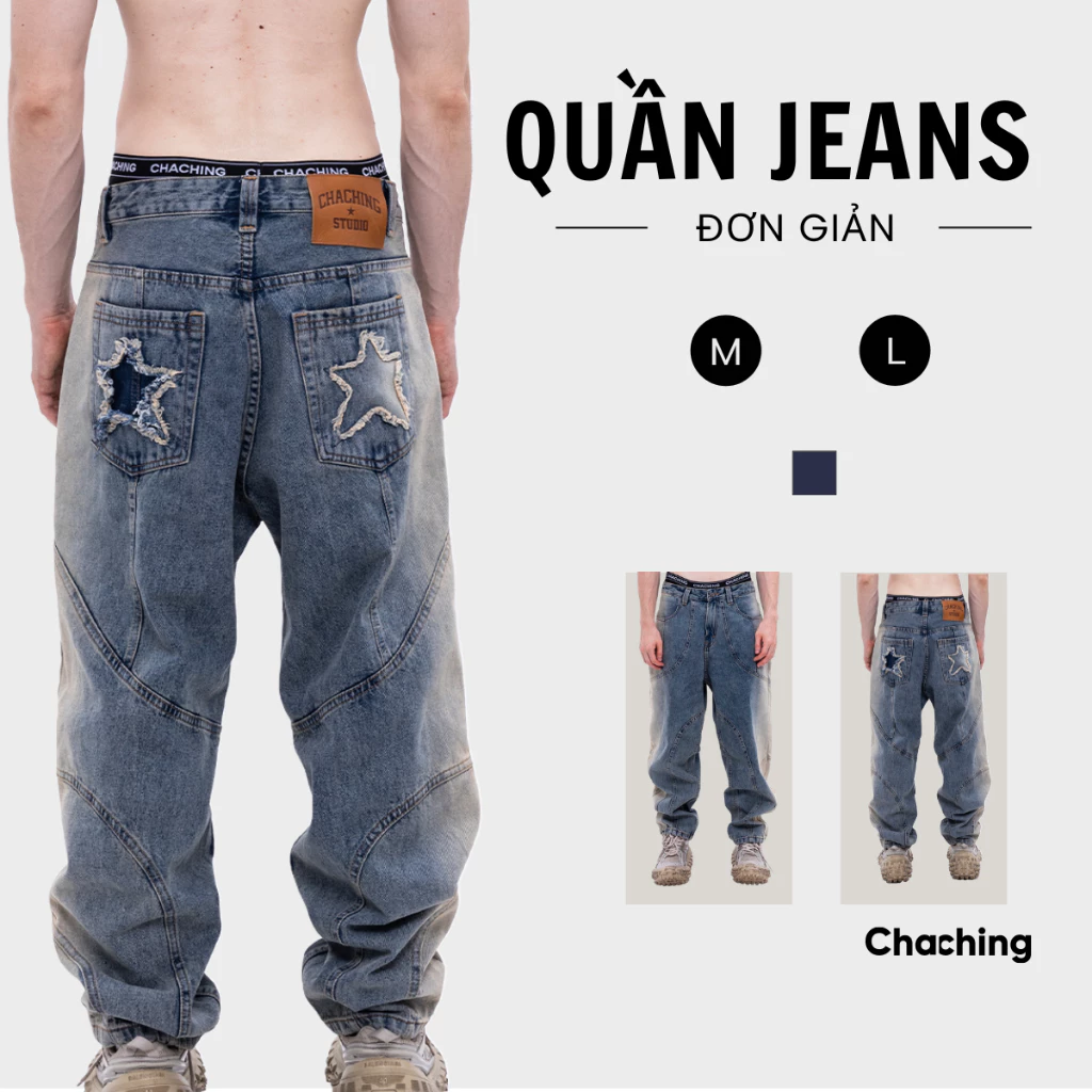 Quần Jeans Ống Rộng Cạp Trễ Unisex Thêu Đắp Hình Ngôi Sao ChaChing, Quần Nữ Ống Rộng Form Baggy Chất Liệu Denim Cotton