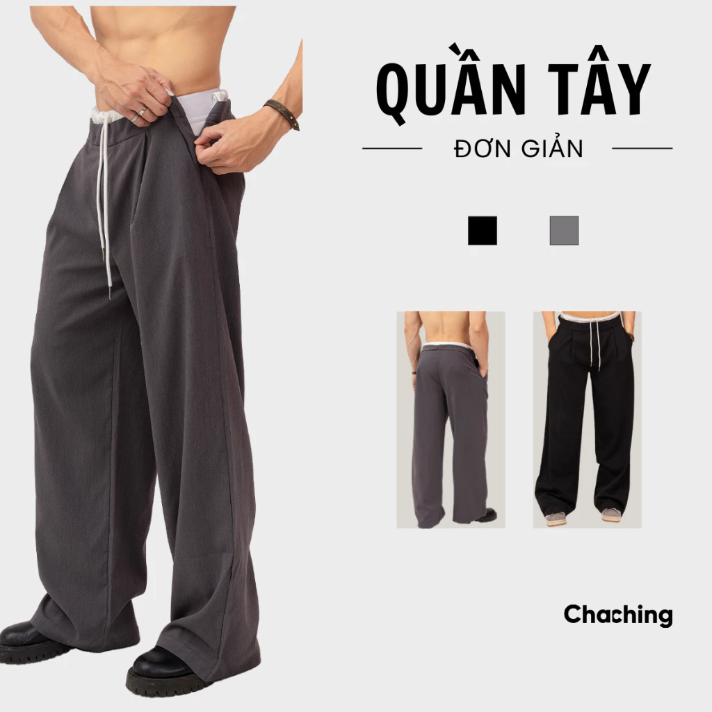Quần Dài Vải Tây Ống Rộng Unisex ChaChing, Quần Thể Thao Ống Rộng, Quần Dài Tây Form Suông Có Lưng Thun Co Giãn