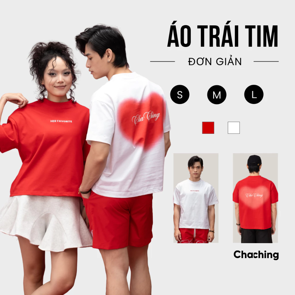 Áo Thun Couple In Họa Tiết Trái Tim ChaChing, Áo Phông Đôi Nam Nữ Form Boxy, Chất Vải Thun Cotton