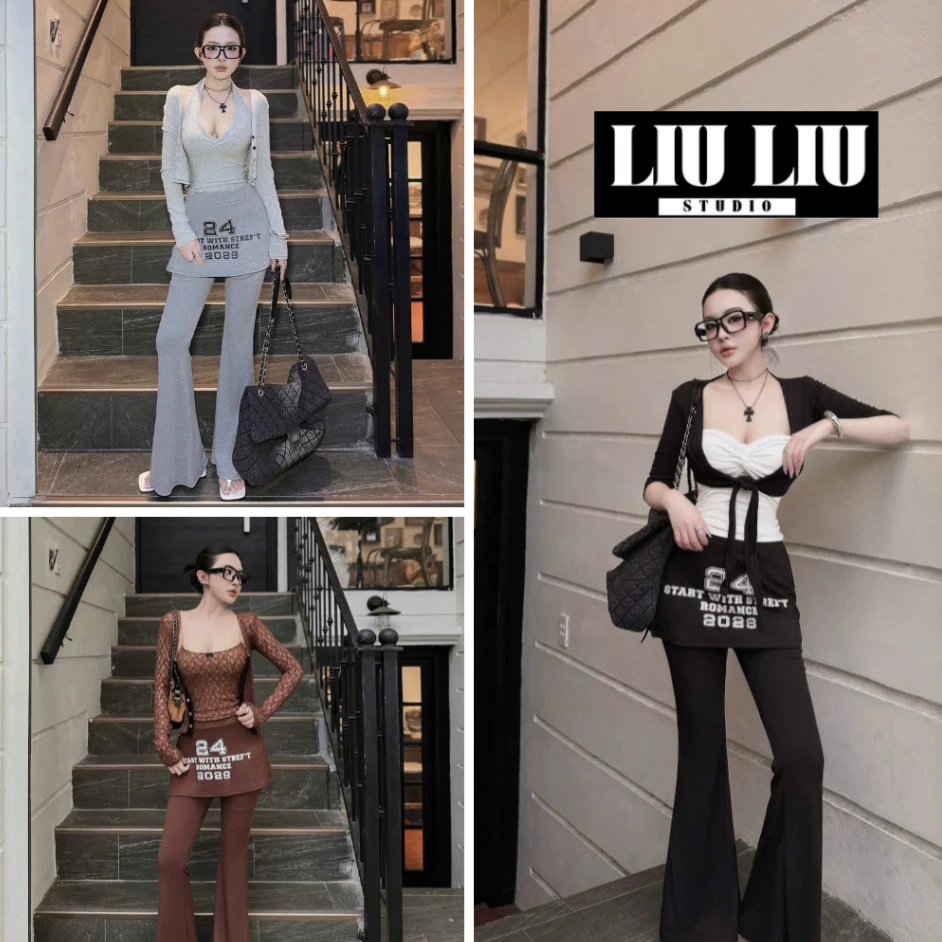 Quần loe nữ tăm lạnh LIULIU STUDIO L64 phối vạt váy cách điệu cạp cao ống loe co giãn tôn dáng phong cách y2k