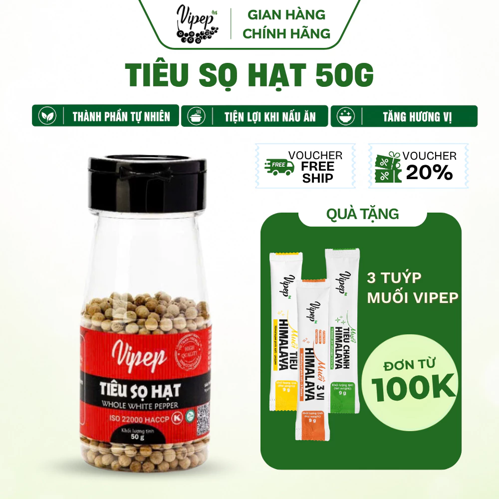 Tiêu Sọ Hạt Tự Nhiên Vipep Hũ Nhựa 50g - Gia vị Vipep
