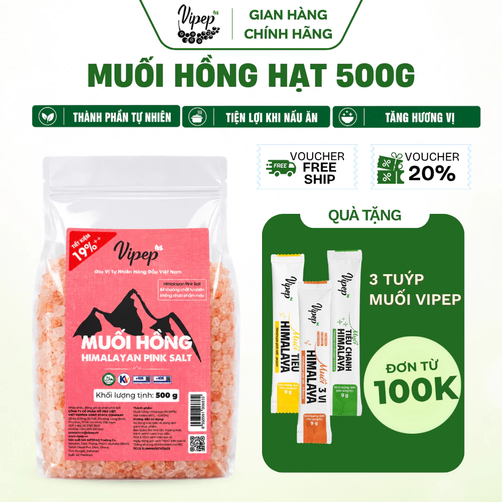 Muối Hồng HẠT Himalaya dùng nấu ăn, pha thức uống, ngâm chân, detox cơ thể Gia vị Vipep Túi 500g
