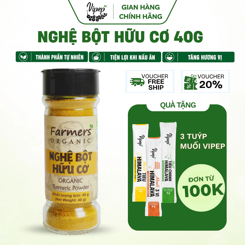 Nghệ Bột hữu cơ Farmers' Organic Vipep Hũ Thủy Tinh 40g, gia vị nấu ăn - Gia vị Vipep