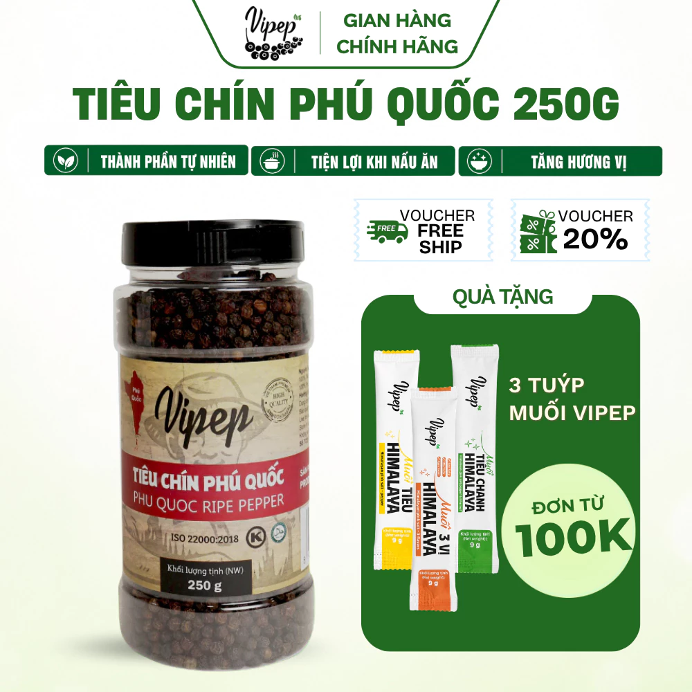 Tiêu Đen Hạt Chín Đỏ Phú Quốc Tự Nhiên Vipep Hũ Nhựa 250g - Gia vị Vipep
