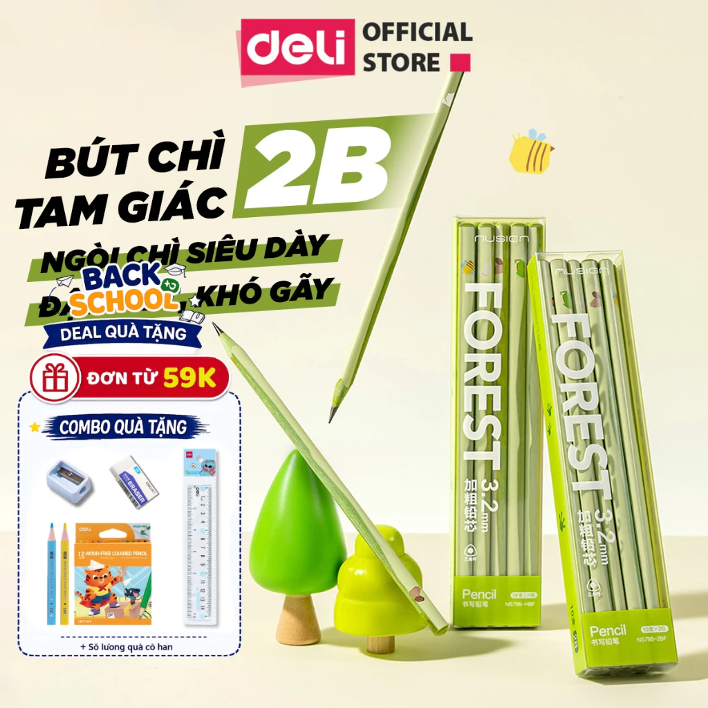 [🔥25-26/8 TẶNG 4 QUÀ] Bút Chì Gỗ Xanh Deli Nusign 2B/HB Thân Tam Giác Chống Mỏi Tay Ngòi Chì 3.2mm Đậm Nét, Khó Gãy