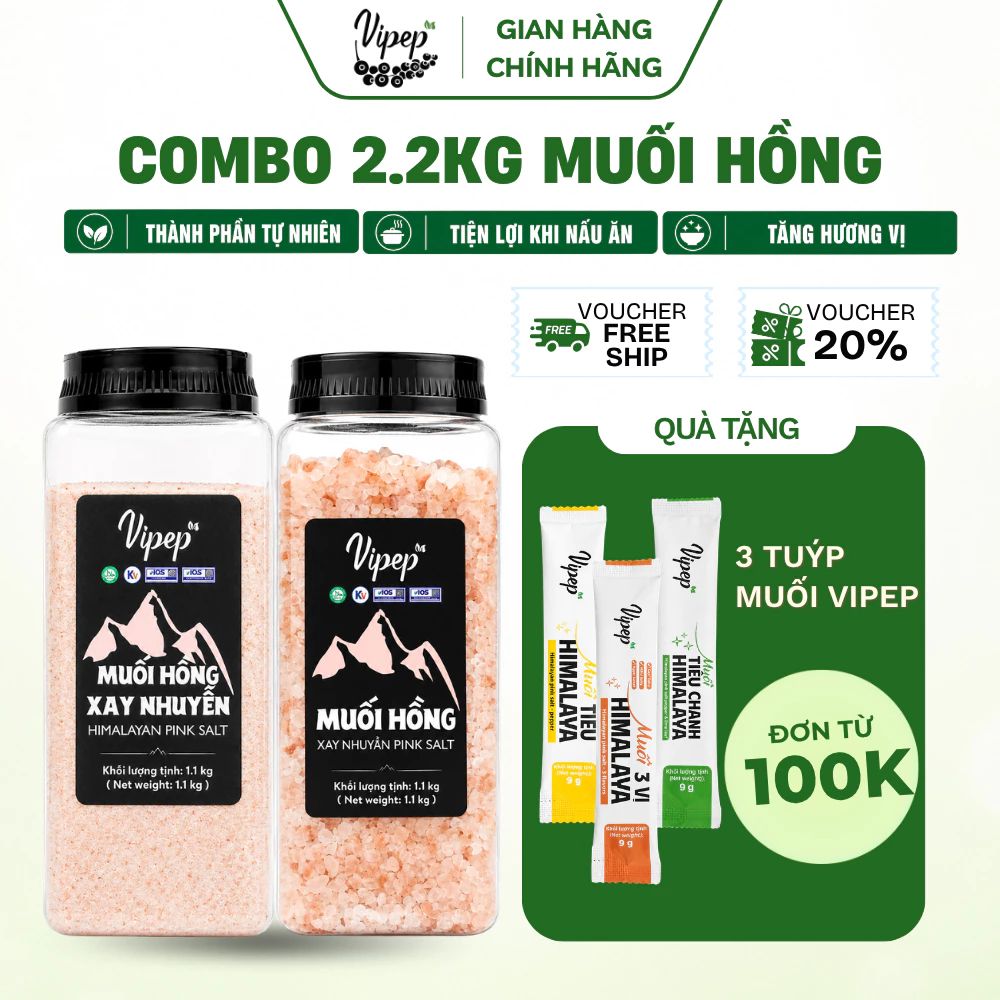 Combo 2.2kg Muối Hồng Himalaya Xay Nhuyễn 1.1kg + Muối Hồng Nguyên Hạt 1.1kg Vipep - Gia Vị Vipep