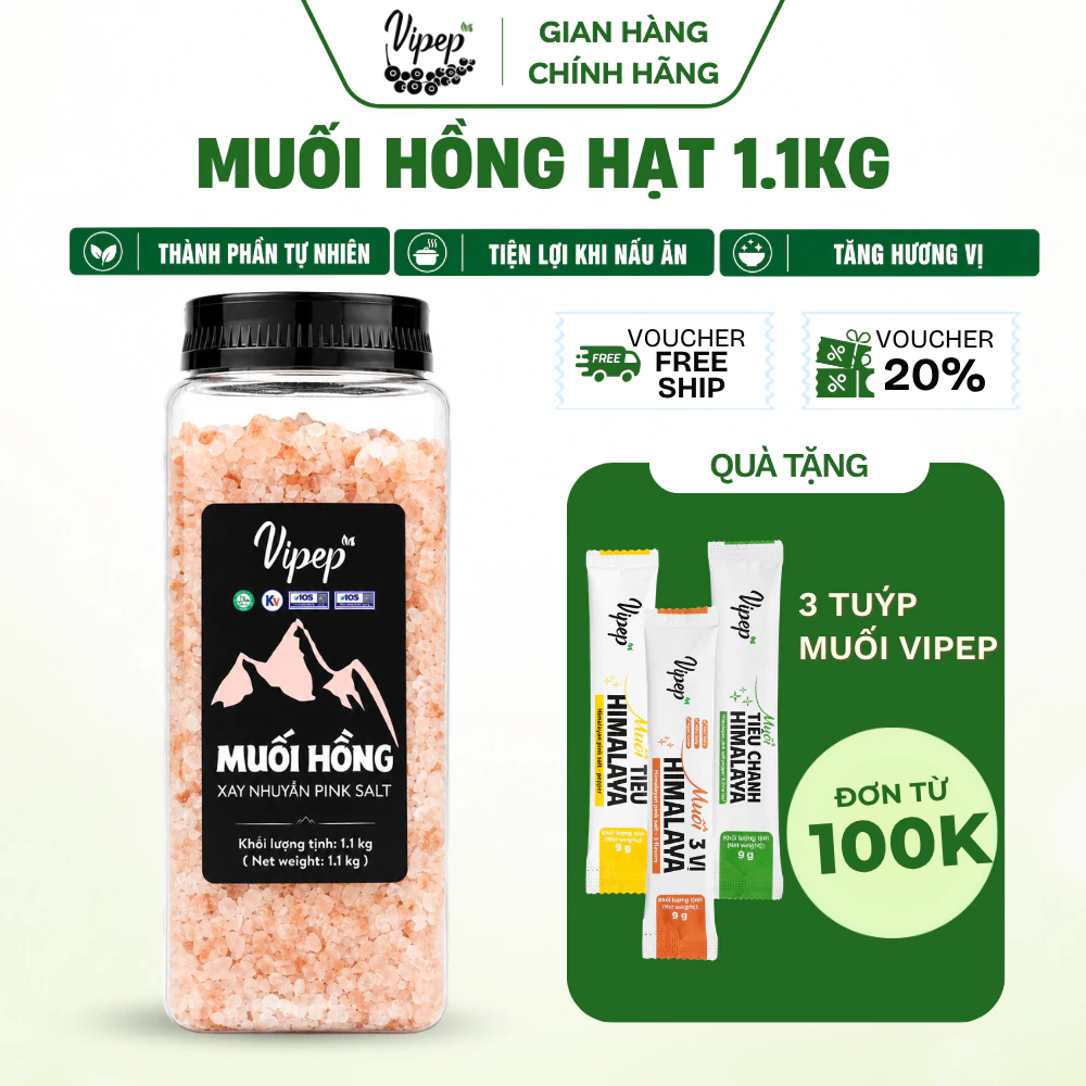 Muối Hồng Himalaya Nguyên Hạt Vipep Hũ Nhựa 1.1kg - Gia vị Vipep