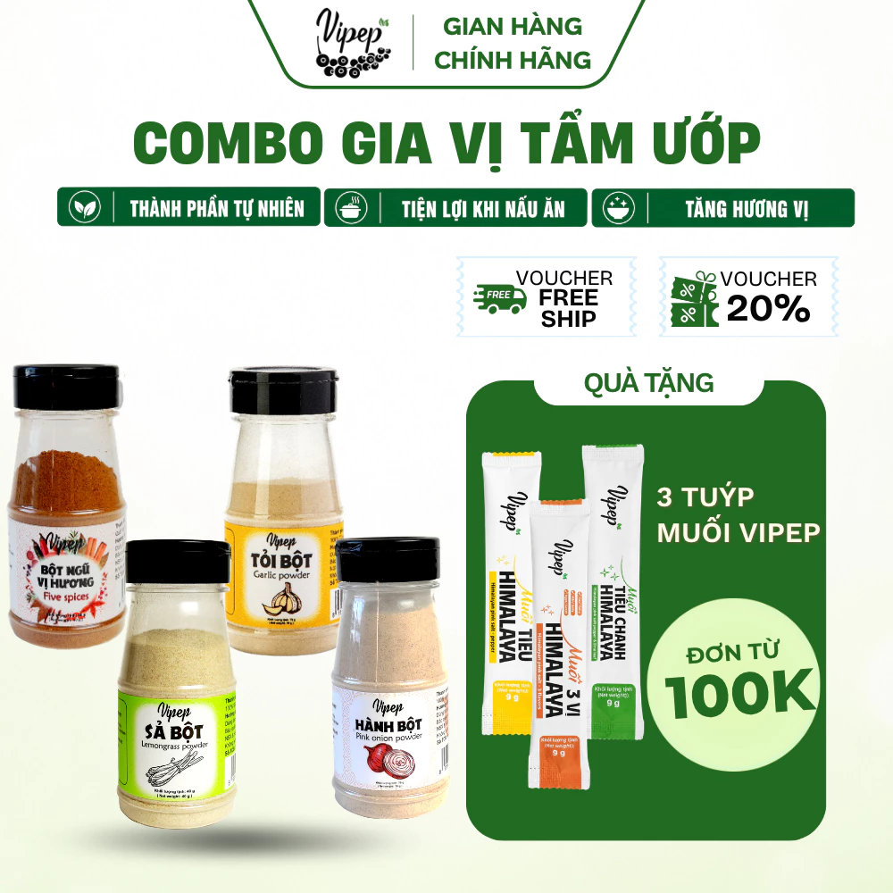 Combo 4 loại Gia vị tẩm ướp nấu ăn Vipep Hành bột 70g, Tỏi bột 70g, Sả bột 40g, Ngũ vị hương 40g