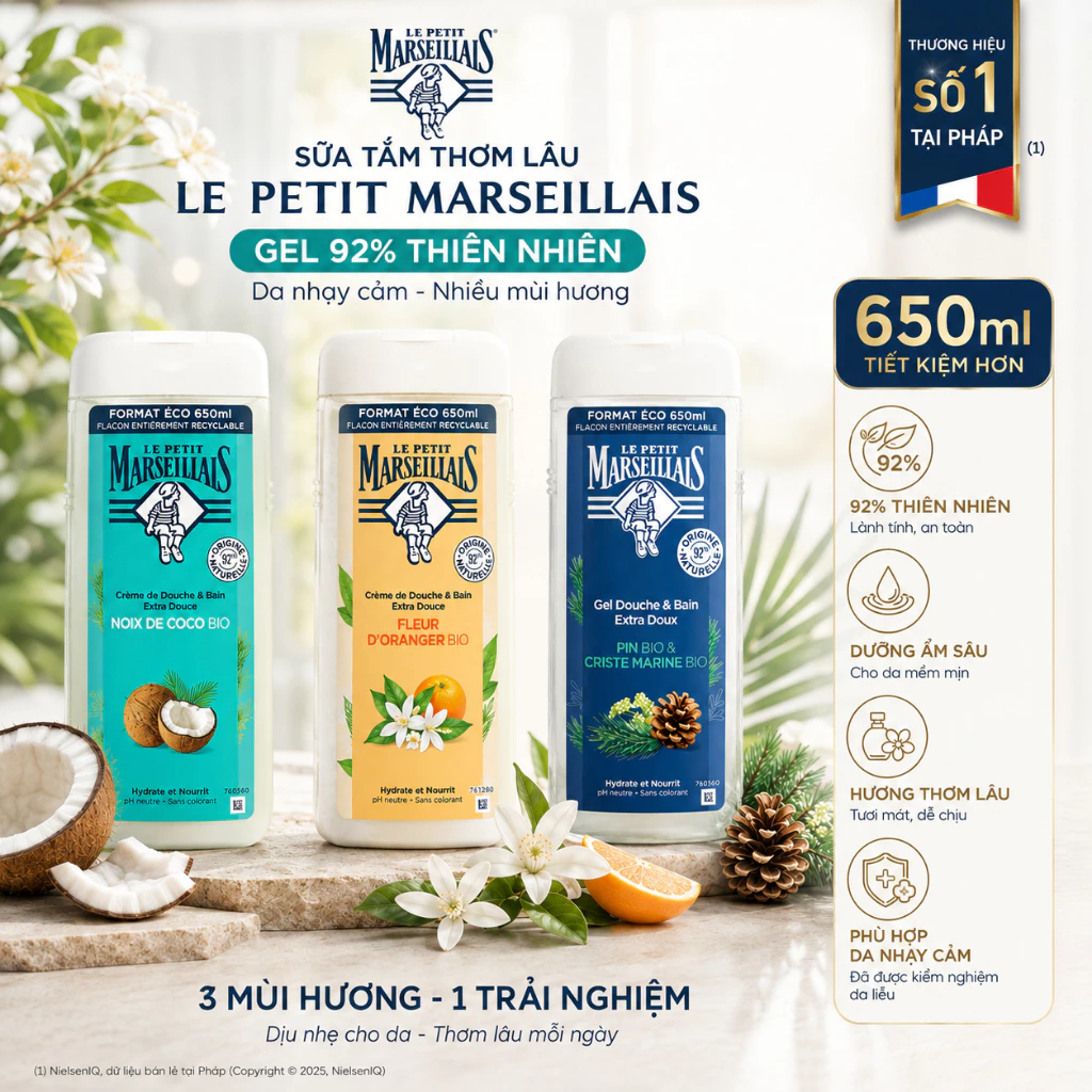 Sữa Tắm Nữ Le Petit Marseillais Gel 92% Thiên Nhiên Da Nhạy Cảm Nhiều Mùi Hương 650ml