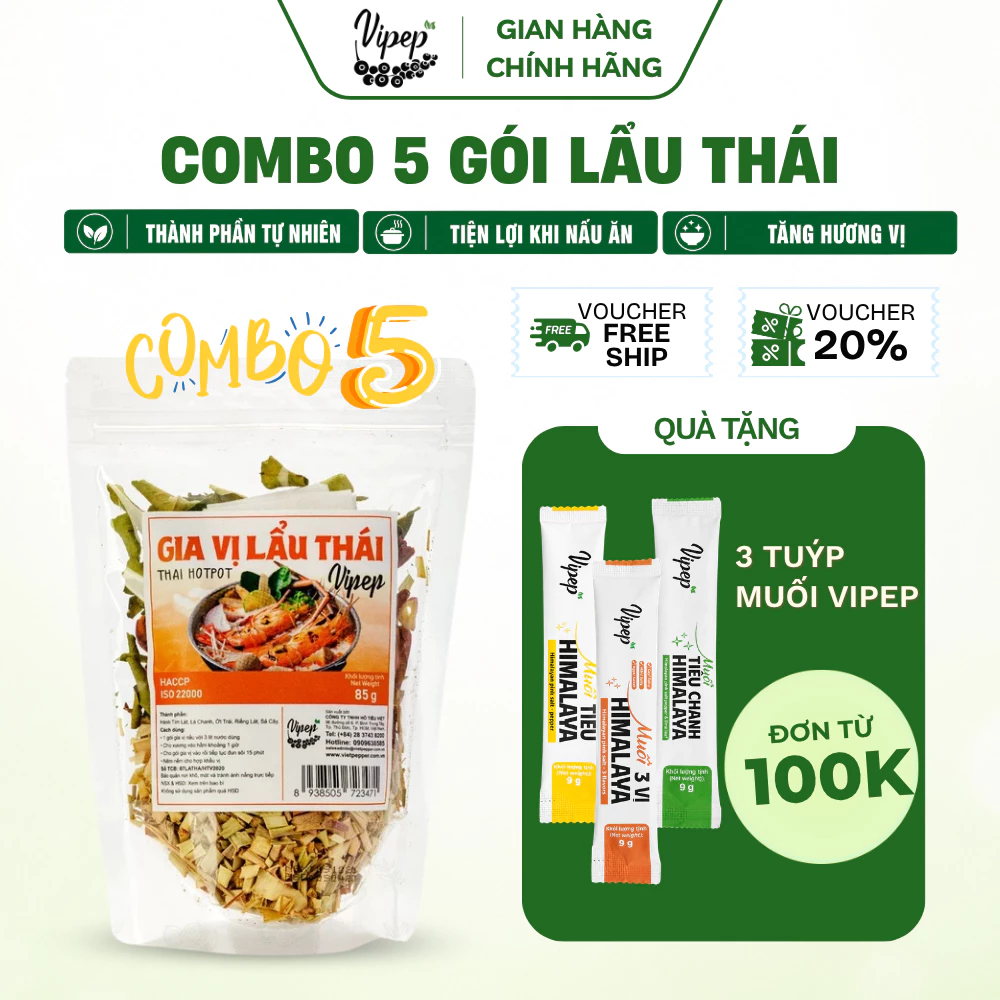 Combo 5 gói Gia vị lẩu thái Vipep 85g chua cay, có sẵn rau củ nước lẩu, nấu dùng ngay - Gia vị Vipep