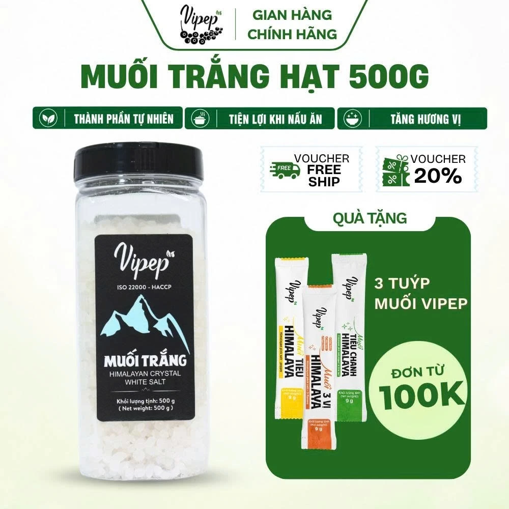 Muối Trắng Hymalaya Vipep Nguyên Hạt Hũ Nhựa 500g - Gia vị Vipep