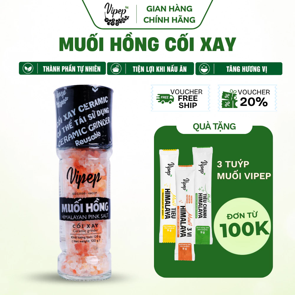 Muối Hồng Himalaya Vipep Cối Xay Nguyên Hạt  Hũ Thủy Tinh 120g - Gia vị Vipep