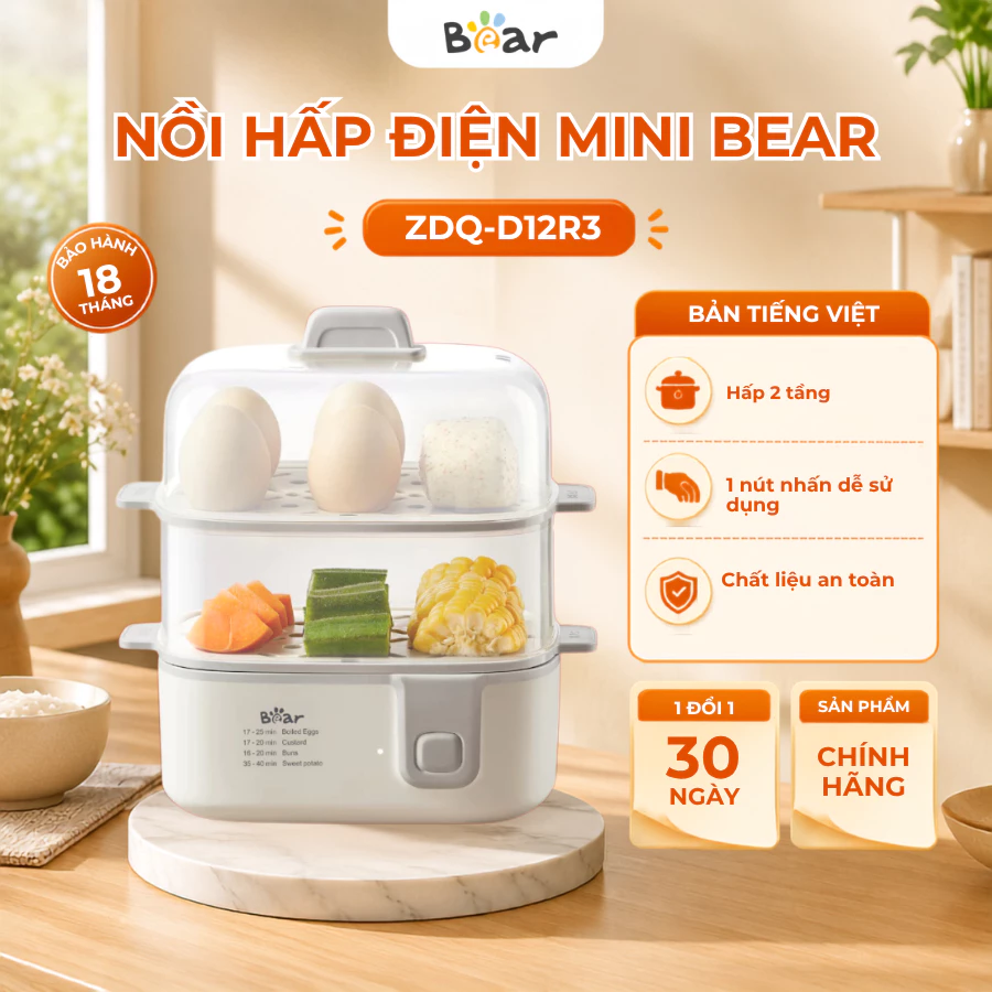 Nồi Hấp Điện 0.3L Bear ZDQ-D12R3 Mini 2 Tầng, Công suất 270W, Hấp Cách Thủy, Nút cơ nhấn,BH 18 Tháng