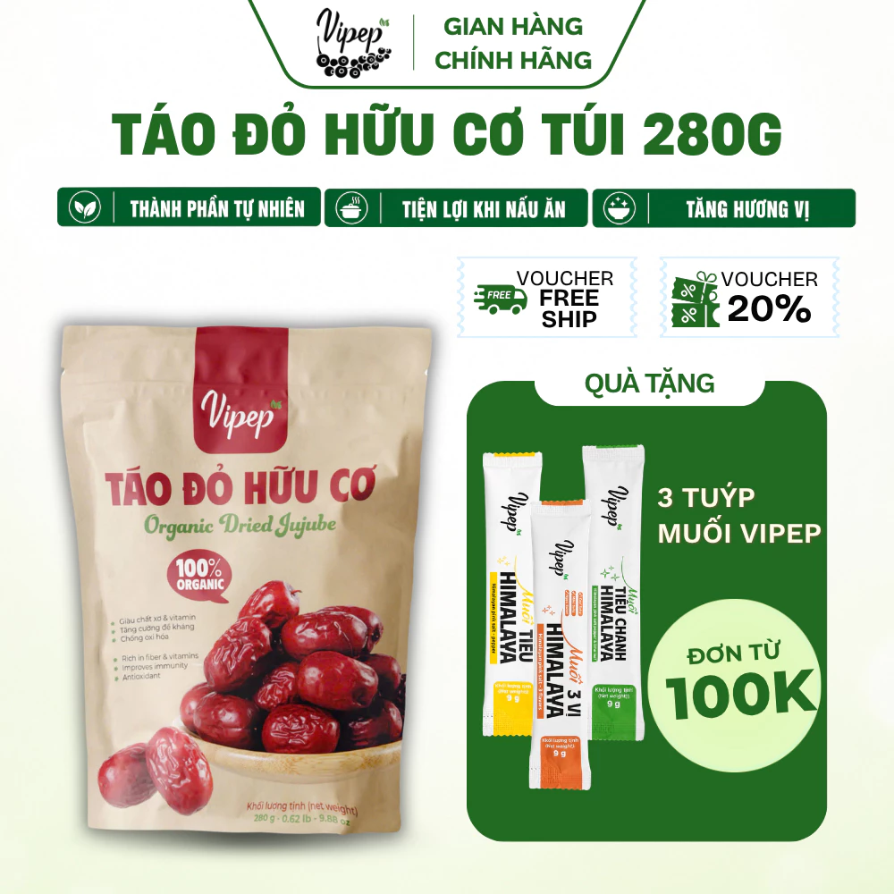 Táo Đỏ Hữu Cơ Vipep Túi 280g, Táo đỏ Tân Cương dùng hầm, nấu, chế biến món ăn - Gia vị Vipep