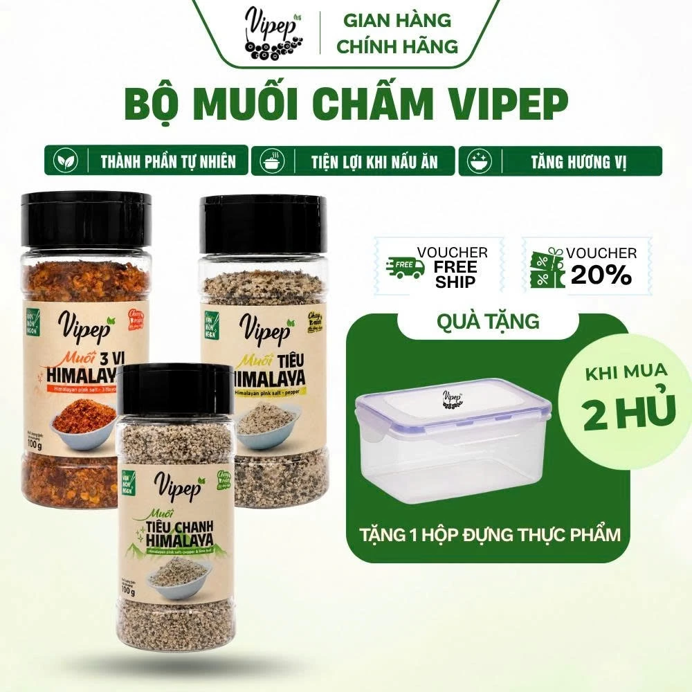 Bộ Muối Chấm Himalaya VIPEP 100g – Tiêu Chanh, Muối Tiêu & Muối 3 Vị | Chấm Hải Sản, Gà Luộc, Trái Cây