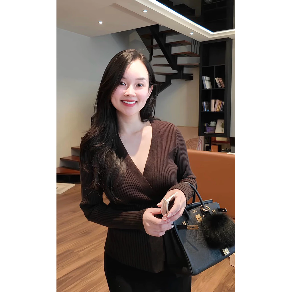 [HÀNG CÓ SẴN] Áo len cổ V buộc vạt Nâu Cafe - ALISA