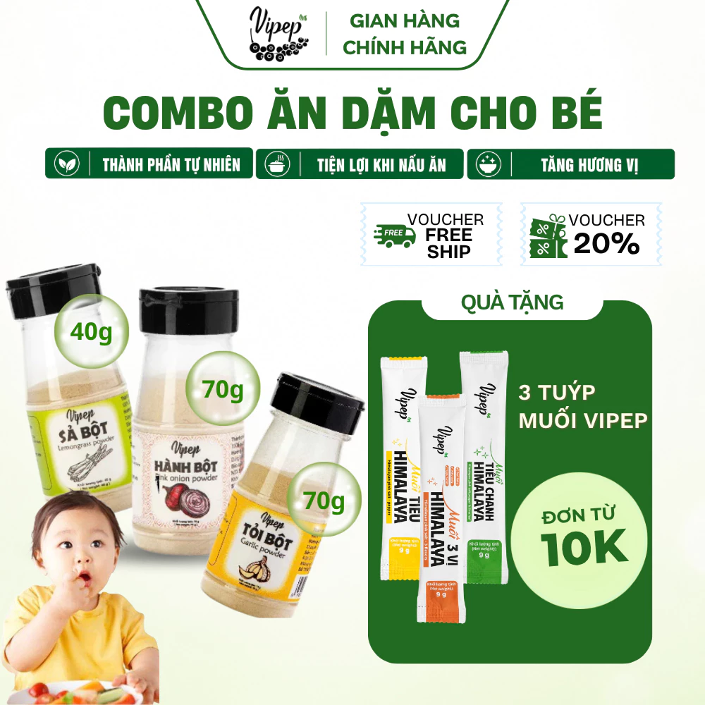 Combo 03 Gia vị ăn dặm cho bé Hành bột 70g, Tỏi bột 70g, Sả bột 40g - Gia vị nấu ăn Vipep