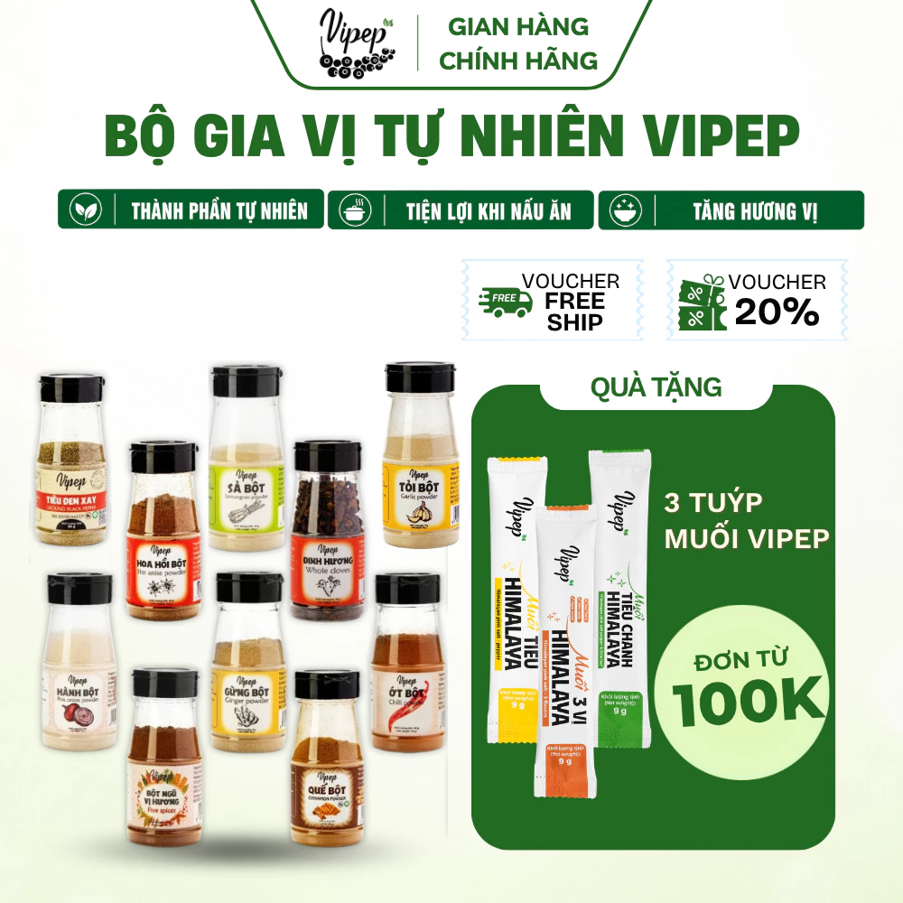 Bột Gia Vị Vipep gia vị nấu ăn hành bột, tỏi bột, ớt, ngũ vị hương, tiêu, quế, sả bột, ngò, nghệ