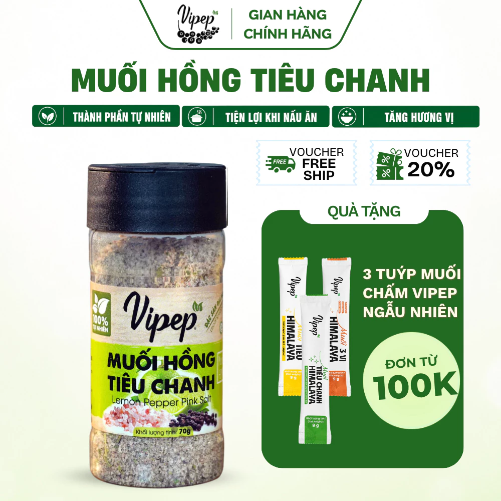 Muối Hồng Tiêu Chanh Tự Nhiên Vipep Hũ Nhựa Tròn 70g - Gia vị Vipep