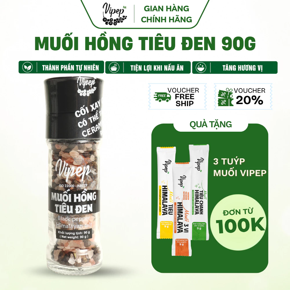 Muối Hồng Himalaya Tiêu Đen Tự Nhiên Cối Xay Vipep Hũ Thủy Tinh 90g - Gia vị Vipep