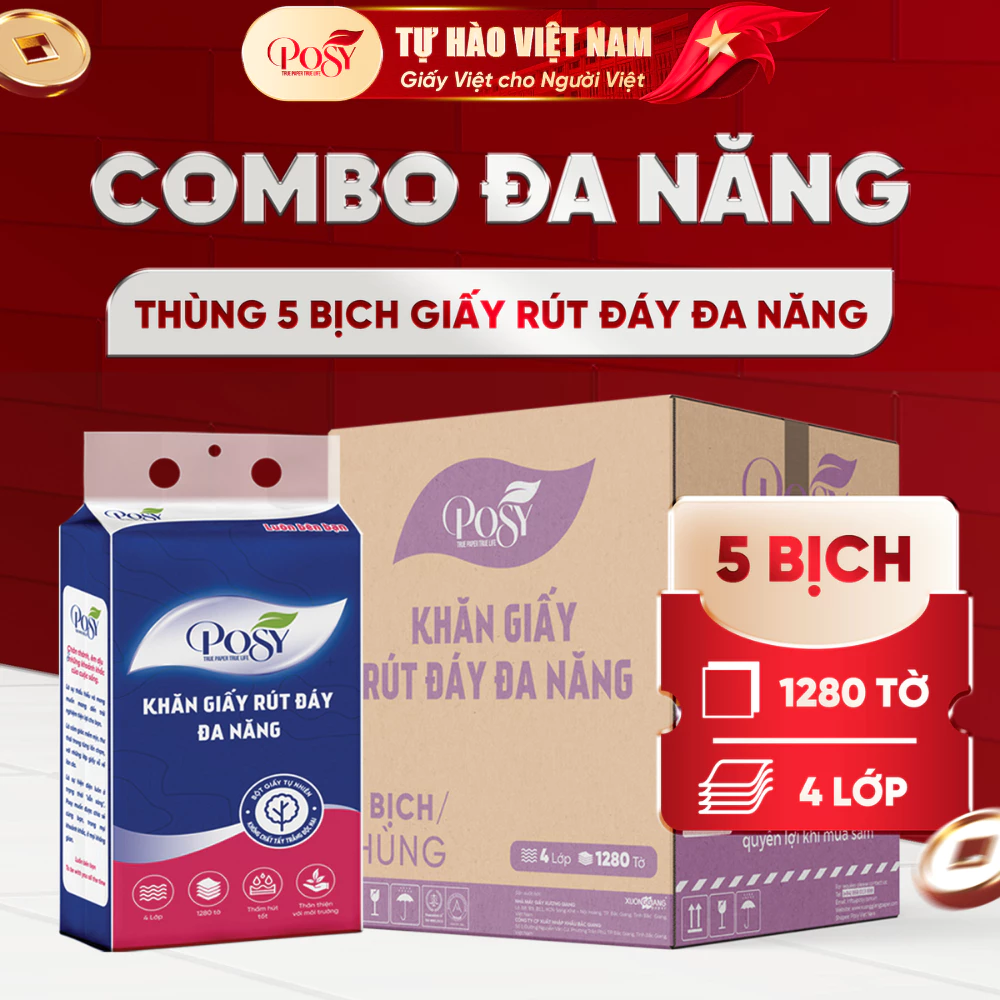 POSY_[DEAL HOT] KHĂN GIẤY TREO TƯỜNG POSY thùng 5 bịch 1280 tờ 4 lớp - ƯU ĐÃI CHỈ CÓ TẠI LIVESTREAM