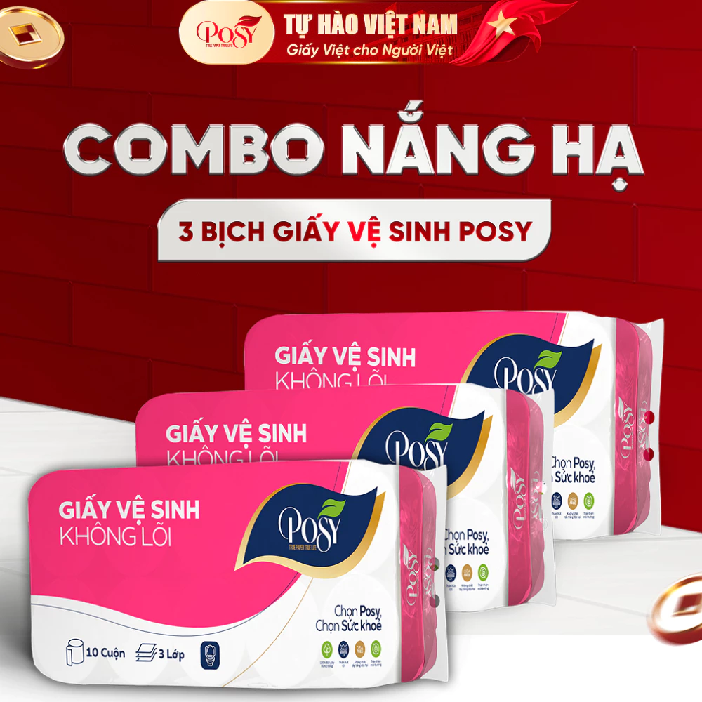 [COMBO NẮNG HẠ] - Combo 3 bịch giấy vệ sinh POSY 10 cuộn 3 lớp có lõi/ không lõi mềm mịn, dễ tan trong nước