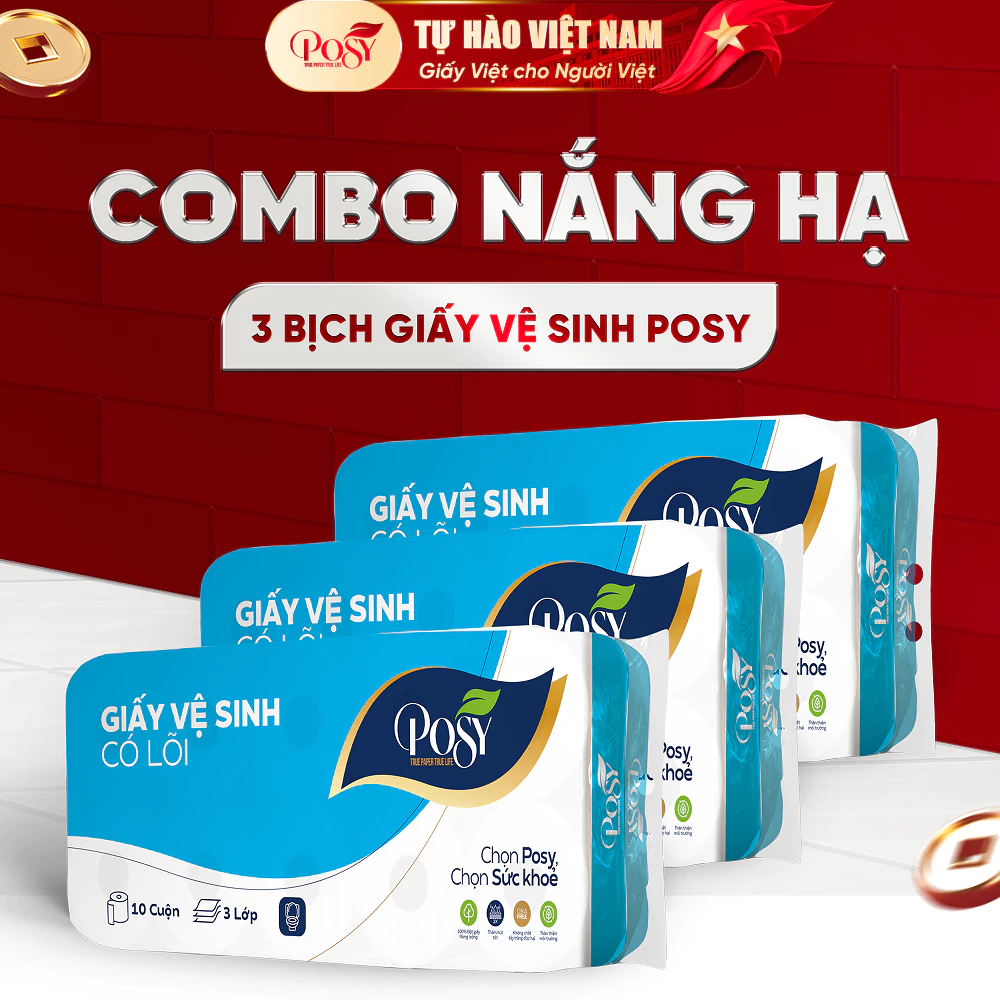 POSY_[MUA TẠI LIVE] Set 3 bịch giấy vệ sinh POSY 10 cuộn 3 lớp ko lõi/có lõi mềm mại dễ tan trong nước
