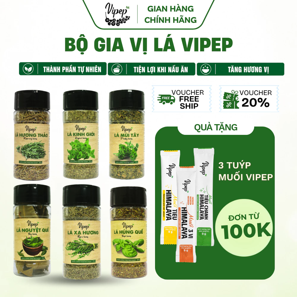 Gia Vị Lá Thảo Dược Vipep - Lá Nguyệt Quế, Húng Quế, Hương Thảo, Xạ Hương, Lá Mùi Tây, Lá Kinh Giới