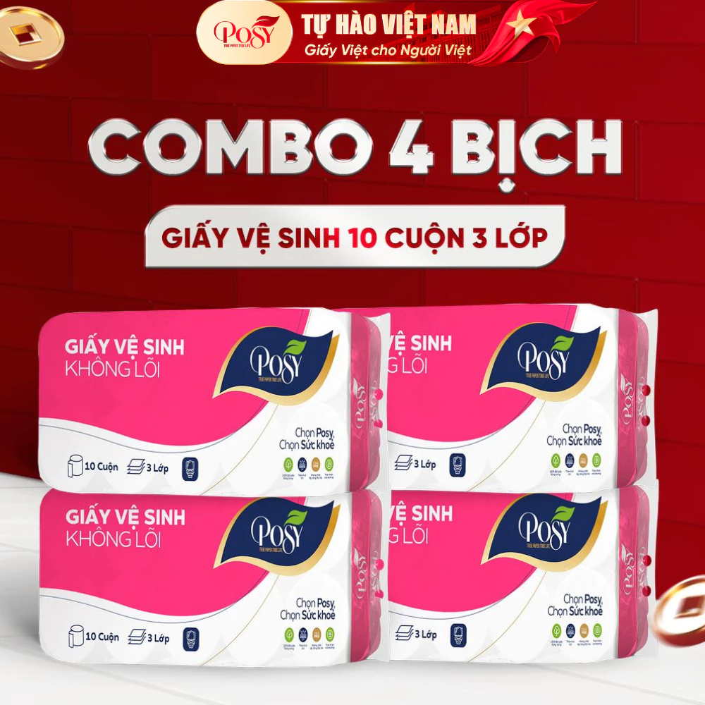 COMBO 4 BỊCH giấy vệ sinh Posy 10 cuộn 3 lớp, tổng 40 cuộn/combo có lõi hoặc không lõi dễ tan trong nước