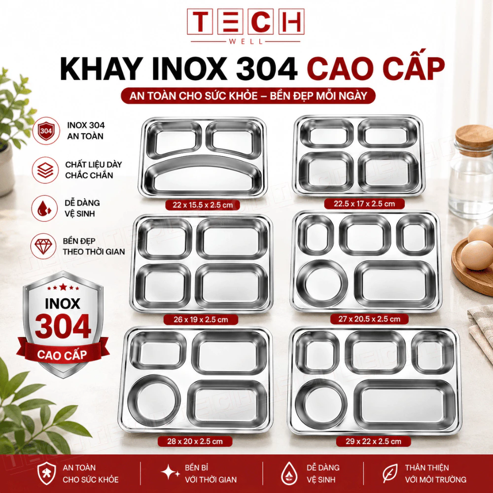 Khay cơm inox 304 sâu lòng, khay ăn 3 4 5 ngăn, đựng đồ ăn, khay cơm chia ngăn công nhân, văn phòng