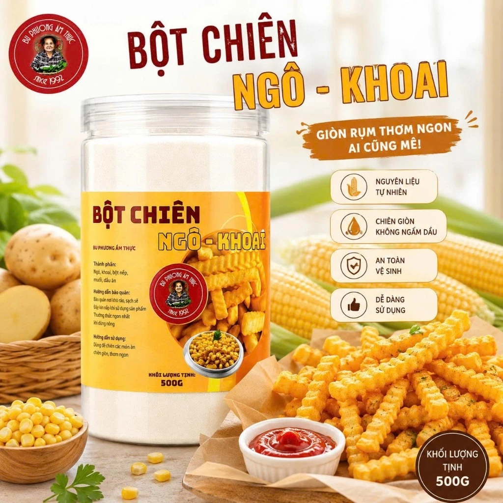 Bột Chiên Ngô Khoai Hộp 500G Siêu Giòn Rụm - Thương Hiệu Bu Phương Ẩm Thực (Không Chất Bảo Quản)