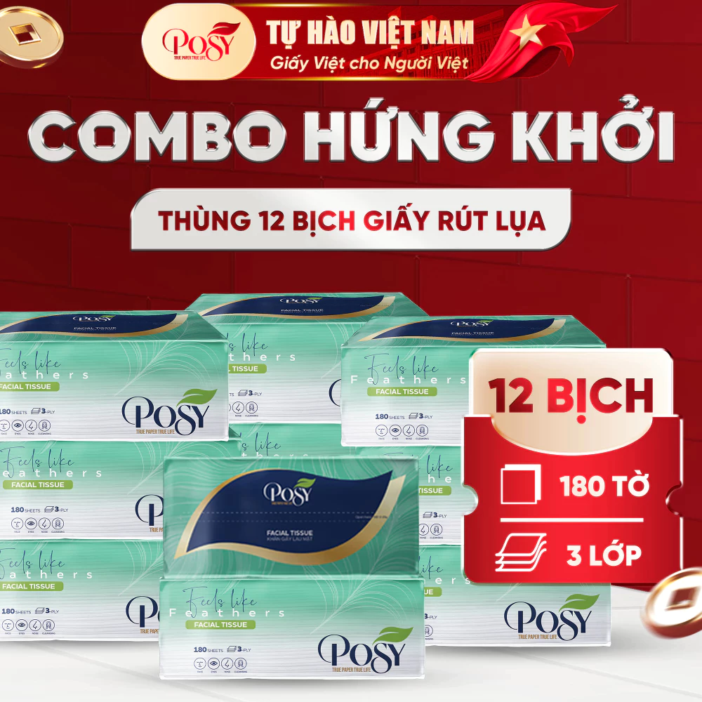 POSY_ THÙNG 12 GÓI KHĂN GIẤY RÚT LỤA CAO CẤP POSY 180 TỜ 3 LỚP MỀM MIN TIẾT KIỆM