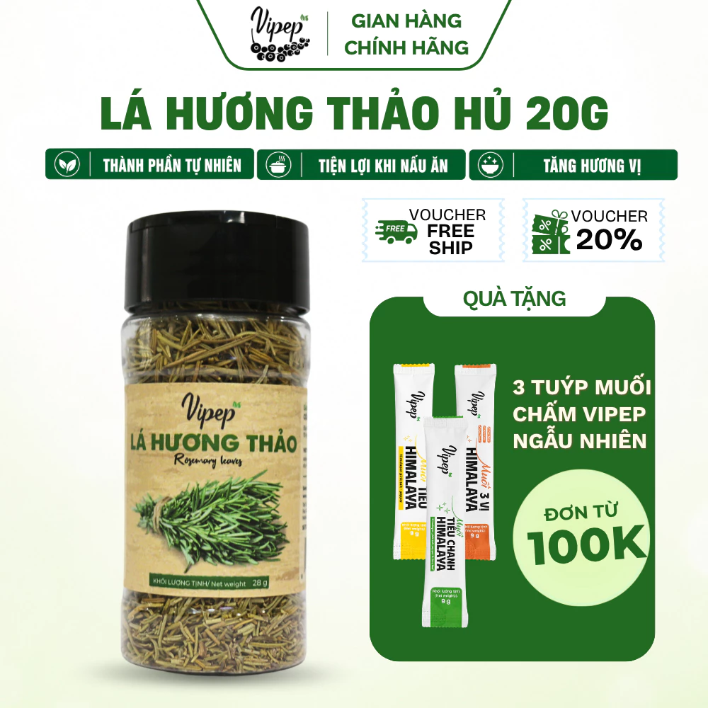 Lá Hương Thảo Vipep gia vị lá thảo mộc nấu món âu, dùng xông hơi thư giãn Hũ Nhựa 25g - Gia vị Vipep