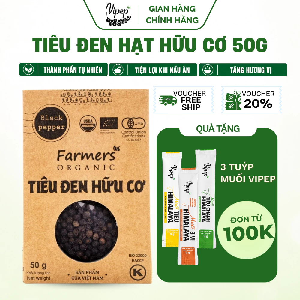 Tiêu Đen Hạt Farmers' Organic Vipep Túi Giấy 50g - Gia vị Vipep