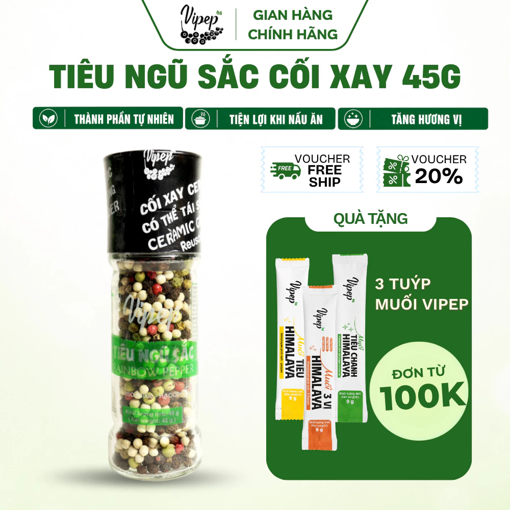 Tiêu Ngũ Sắc Hạt Tự Nhiên Cối Xay Vipep Hũ Thủy Tinh 45g - Gia vị Vipep