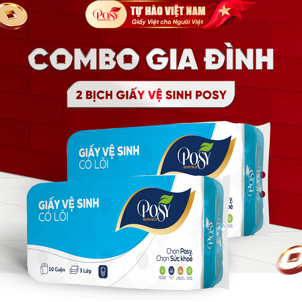 POSY - Combo 2 bịch Giấy vệ sinh POSY 10 cuộn 3 lớp không lõi - có lõi mềm mịn, DỄ TAN TRONG NƯỚC