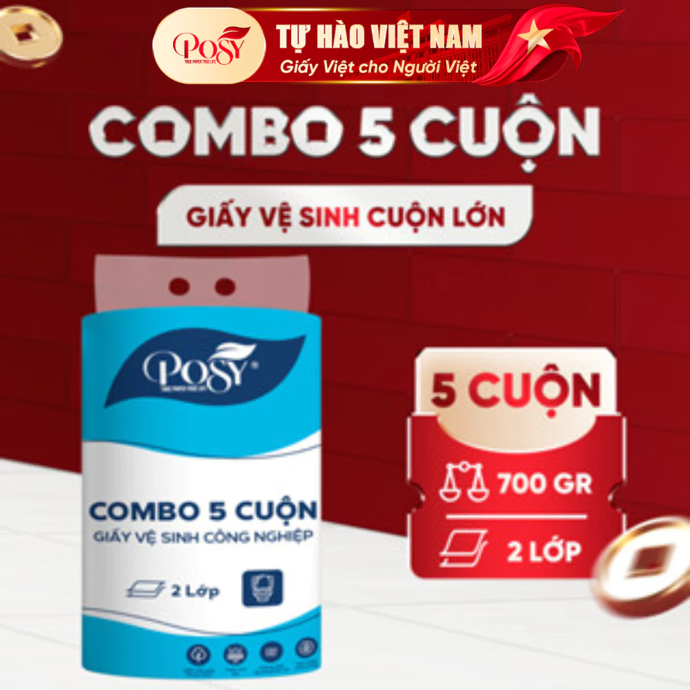 POSY_COMBO 5 CUỘN GVS cuộn lớn Posy 700gr 2 lớp, mềm dai, tiết kiệm, lựa chọn cho công ty, văn phòng