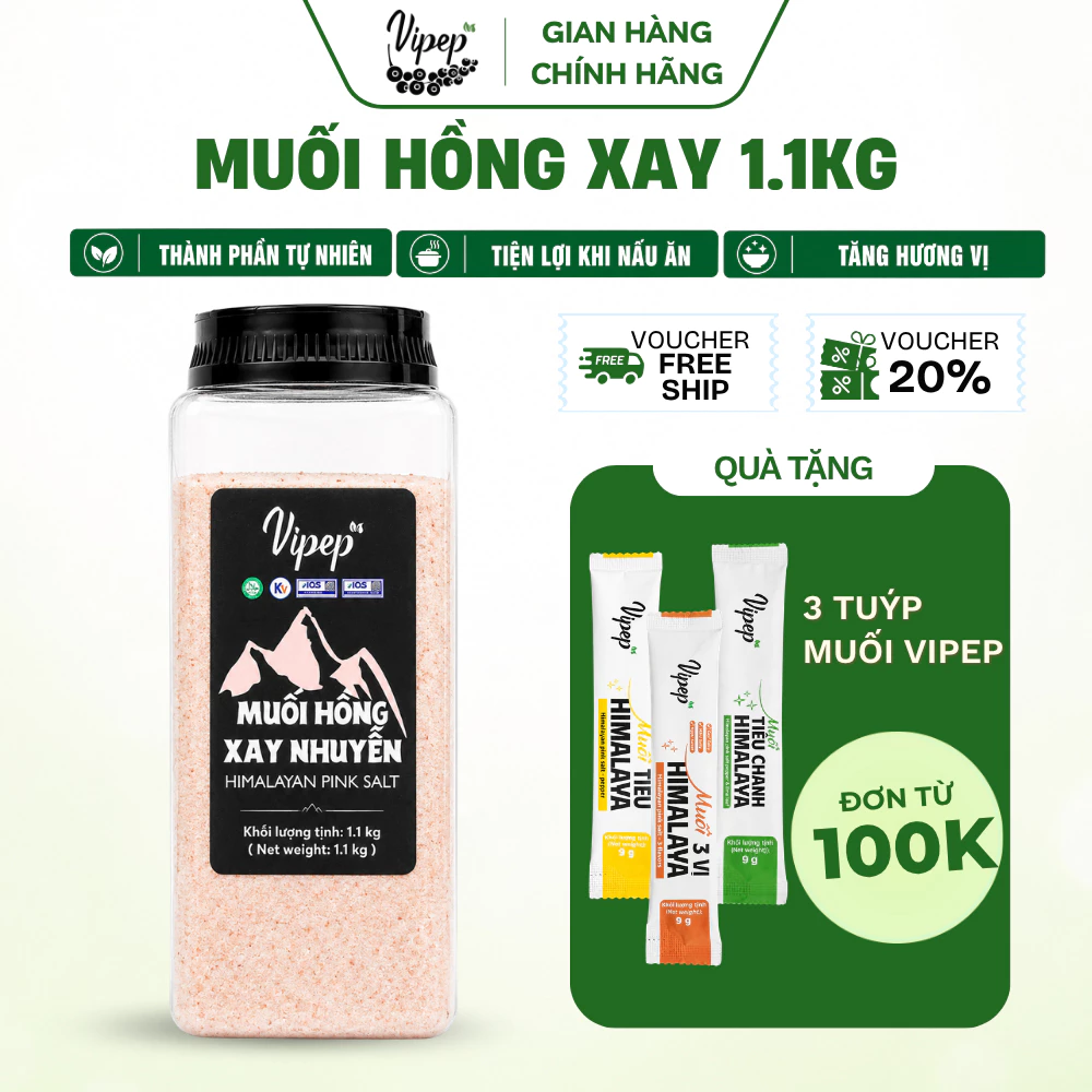 Muối Hồng Himalaya Xay Nhuyễn Vipep Hũ Nhựa 1.1kg dùng nấu ăn, ngâm chân thải độc - Gia vị Vipep