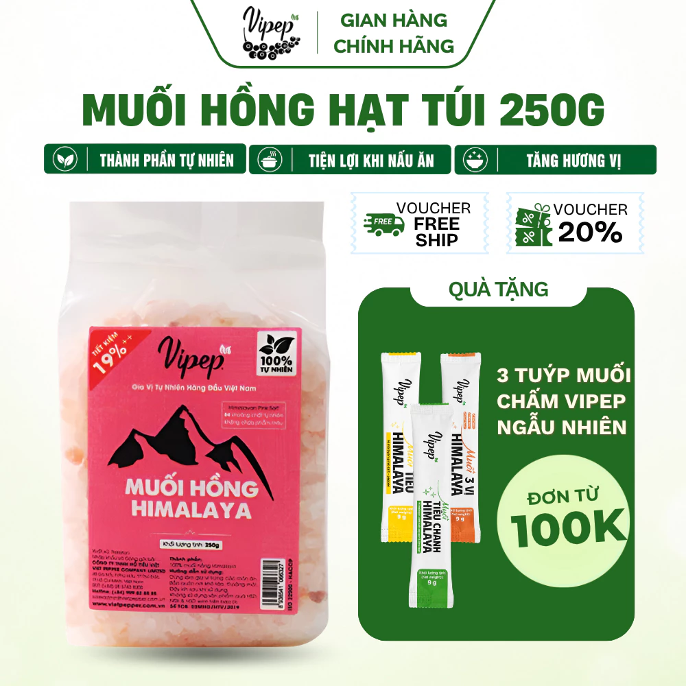 Muối Hồng Nguyên Hạt Himalaya Vipep Túi 250g nguyên liệu dùng xông hơi, detox cơ thể - Gia vị Vipep