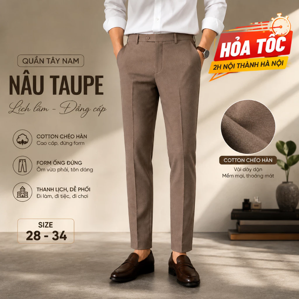 Quần Tây Nam Nâu Taupe Cotton Chéo Hàn Cao Cấp, Form Ống Đứng, Quần Âu Nam Công Sở Lịch Lãm