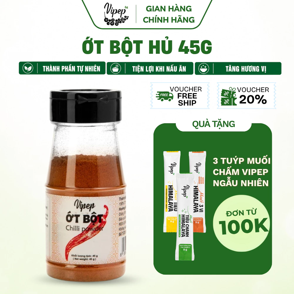 Ớt Bột Chỉ Thiên Tự Nhiên Vipep vị cay nồng, tăng hương vị cho món ăn Hũ Nhựa 45g - Gia vị Vipep
