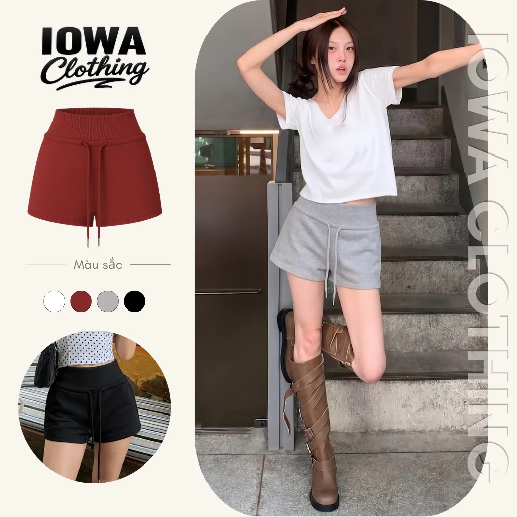 Quần Short Nữ Cạp Cao Bảng To Dây Rút Túi Nắp IOWA QU06 - Chất Nỉ Da Cá Dày Dặn