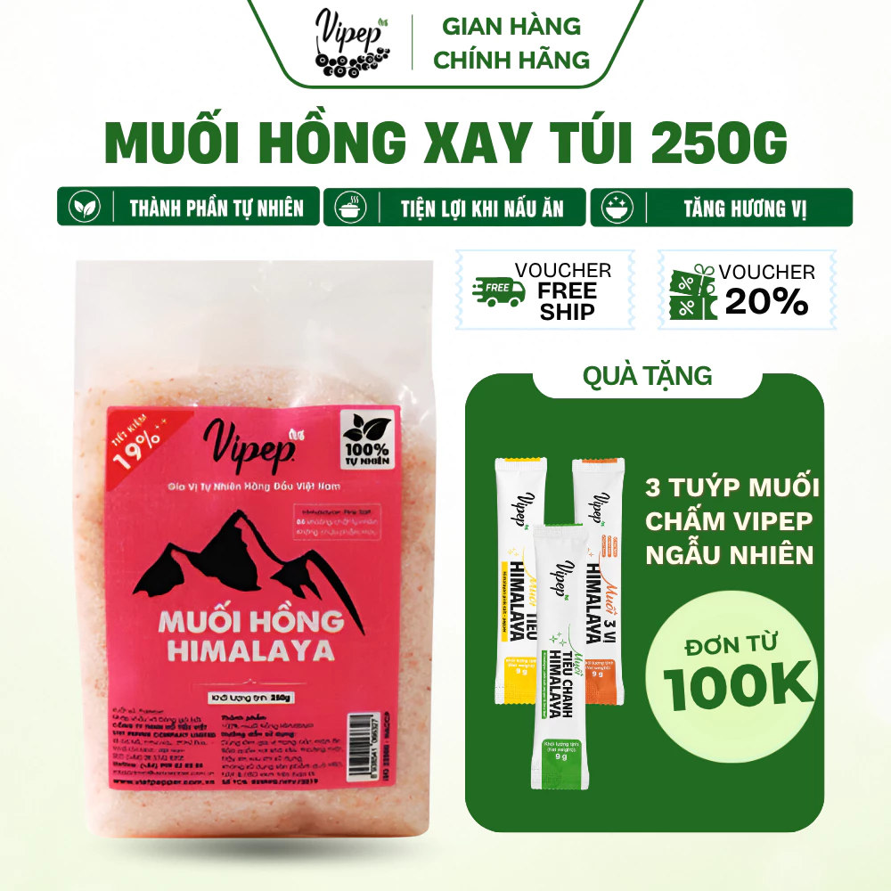 Muối Hồng Himalaya Xay Nhuyễn Vipep Túi 250g dùng ngâm chân, tẩy tế bào chết, xông hơi- Gia vị Vipep