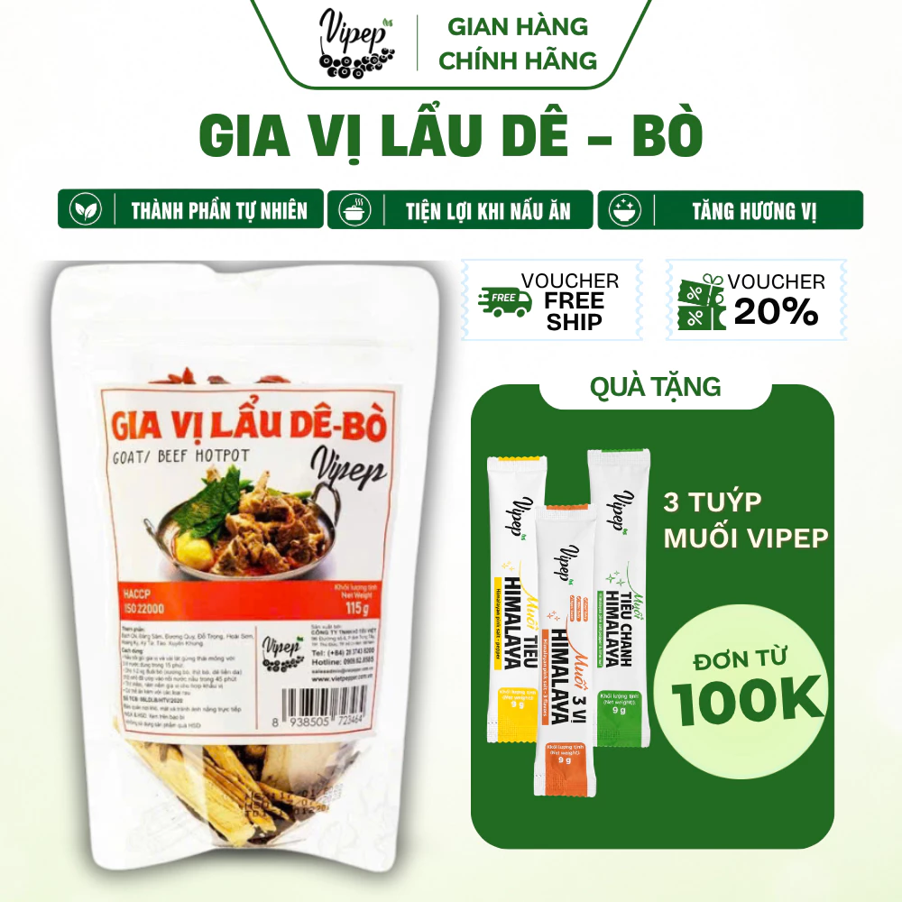 Gia Vị tiềm, Nấu Lẩu Dê - Bò Tự Nhiên Vipep 115g - Gia vị Vipep