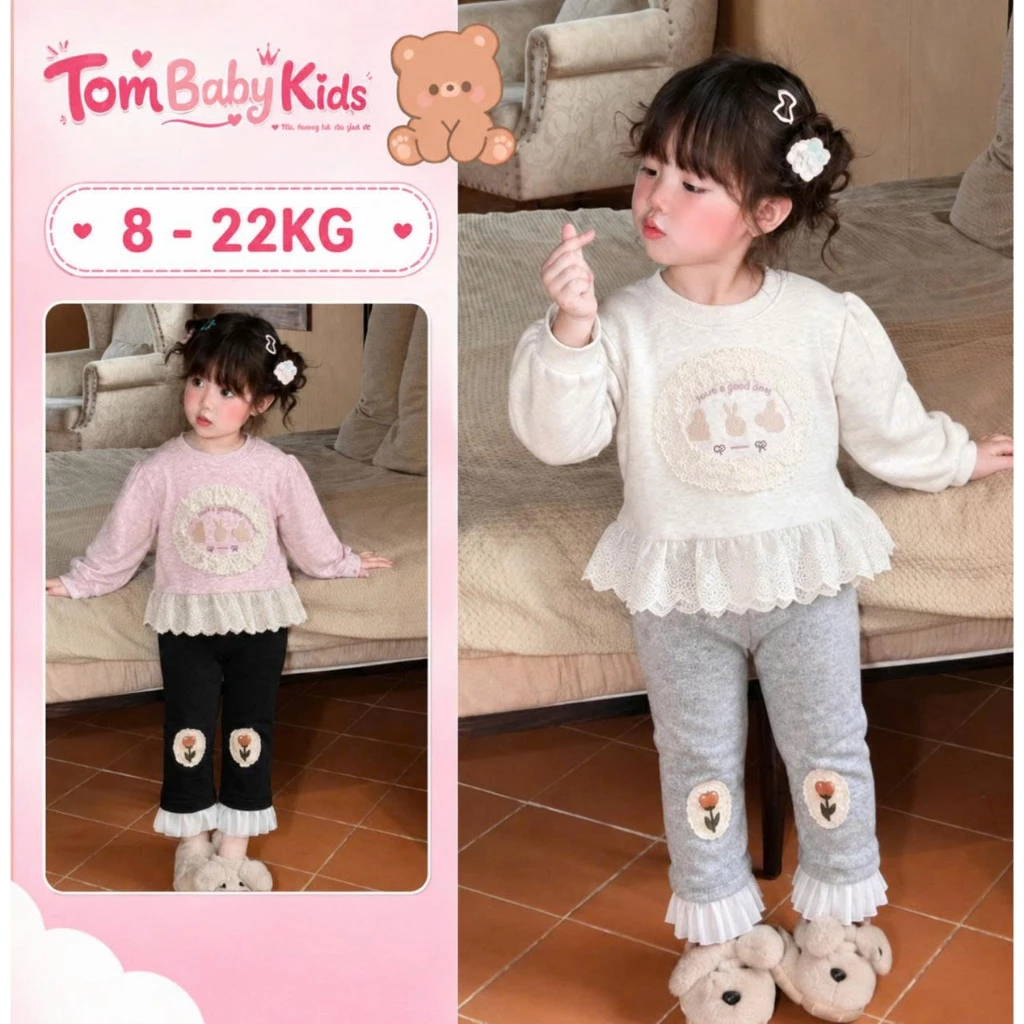 Bộ đồ bé gái mùa đông, set đồ bé gái dài tay áo dài tay nỉ phối ren, mix quần bó thêu hoa 8-22kg Tom Baby Kids [BO-160]