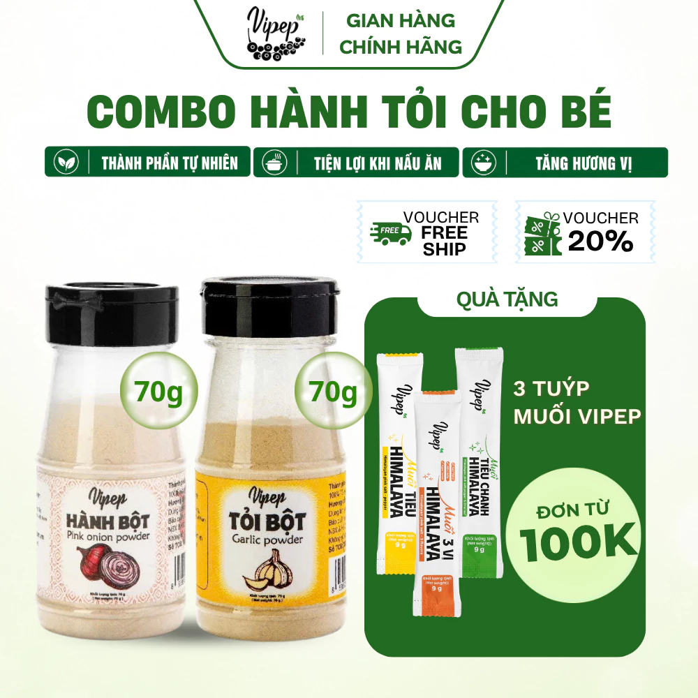 Gia vị Hành bột Tỏi bột ăn dặm cho bé hương vị tự nhiên an toàn, dạng bột mịn hũ 70gr - Gia vị Vipep