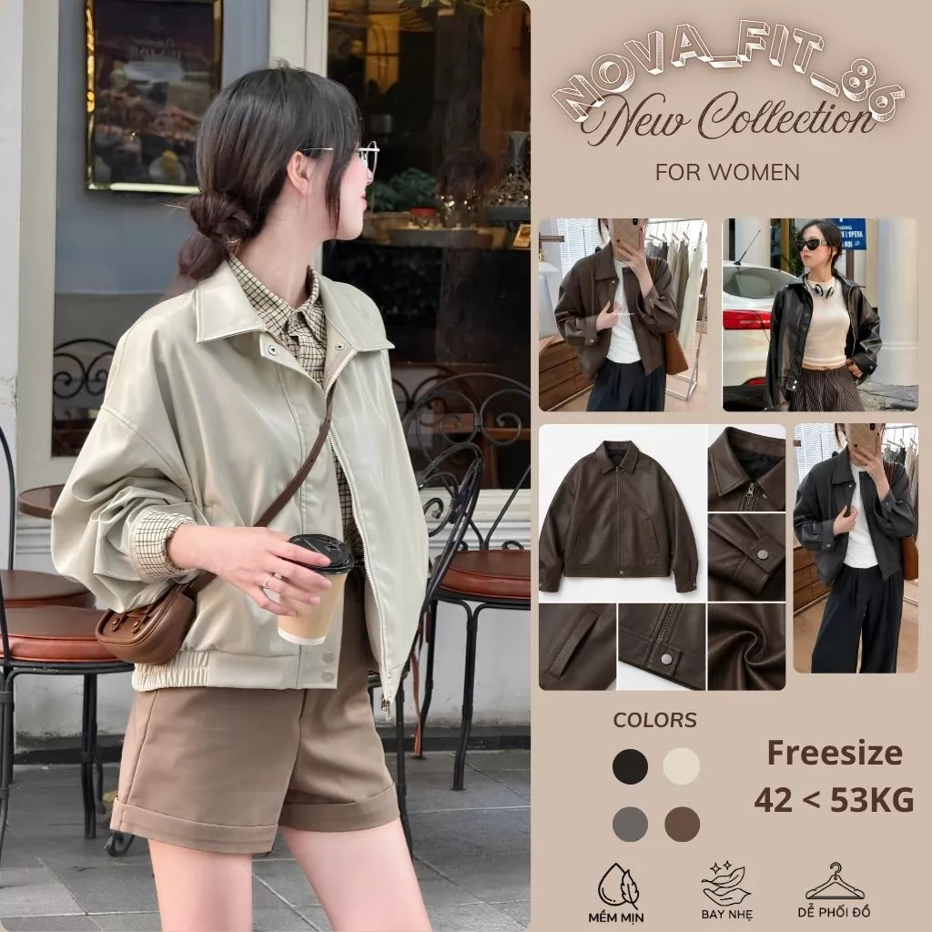 Áo khoác da nữ bomber dáng rộng cổ bẻ vintage, áo jacket da PU khóa kéo phong cách Hàn Quốc