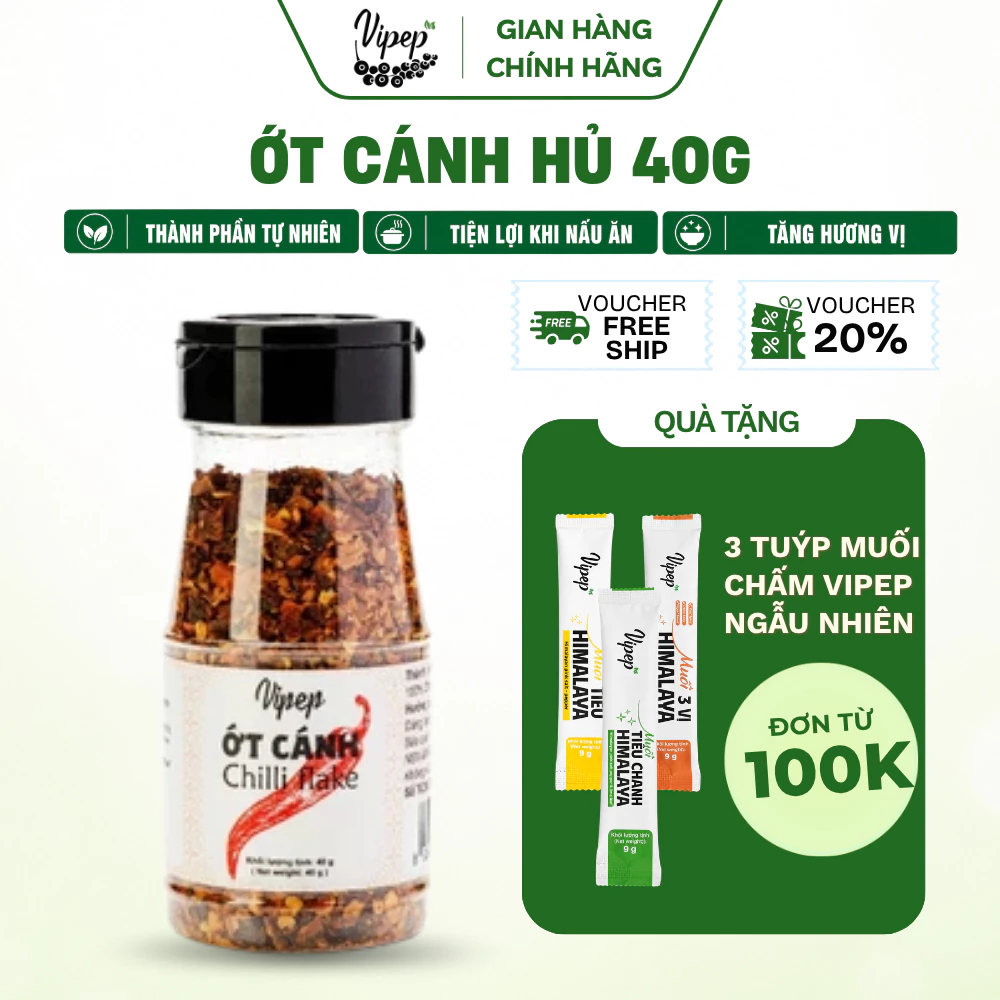 Ớt Cánh Chỉ Thiên Tự Nhiên Vipep Hũ Nhựa 40g, vị cay nồng, gia vị nấu ăn, tẩm ướp - Gia vị Vipep